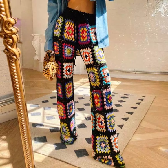 Handmade Colorful Bohemian Multi Color Knit Sweater Black Women's Casual Pants - Picture 3 of 10